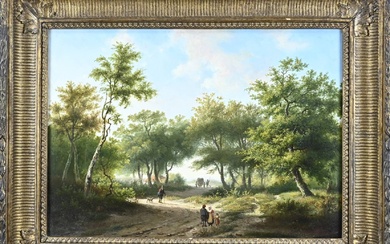 Hendrik Pieter Koekkoek. Chemin forestier ensoleillé avec personnages et charrette à cheval. Peinture à l'huile...