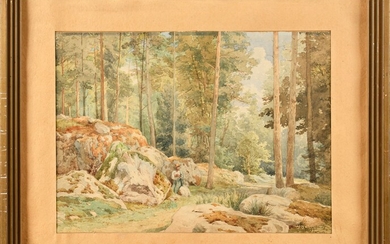 Henri Joseph HARPIGNIES (1819-1916) Promeneur en forêt Aquarelle Signé en bas à droite 26 x...