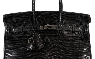 Hermès 25cm Black Lizard Birkin Bag with Palladium Hardware...