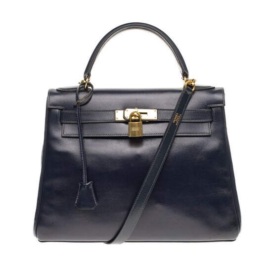 Hermès - Kelly retourné 28 cm bandoulière en cuir box marine, garniture en métal plaqué or Crossbody bag