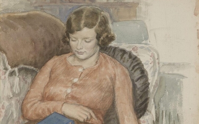 Hubert John Williams, British 1905-1989 - Girl with a Book, 1935; watercolour and pencil on paper, dated lower right 'May 1935', 27.8 x 37.6 cm (ARR) Provenance: the Artist's studio; with Campbell Wilson, Cornhill (according to the label attached...