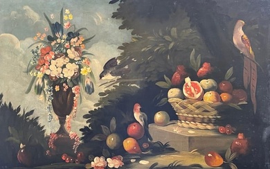 Huge 19th Century Italian Classical Still Life Ornamental Birds Fruit & Flowers 19th century