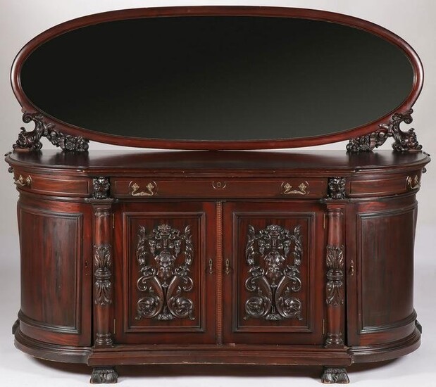 INTERESTING CARVED MAHOGANY SIDEBOARD 19TH C