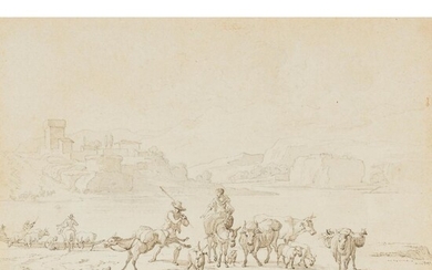 ITALIAN SCHOOL (LATE 17TH/EARLY 18TH CENTURY) PEASANTS TRANSPORTING THEIR ANIMALS ACROSS A RIVER