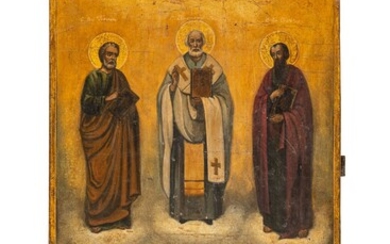 Icône de Saint Nicolas entouré des Apôtres Pierre et Paul surmontant le cuirassé Petropavlovsk