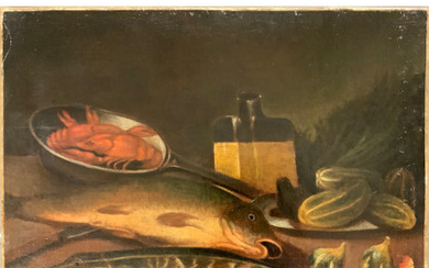 Ignoto "Composizione con pesci, crostaceo e fichi" e "Composizione con fiori, asparagi e ostriche" coppia di antichi dipinti ad olio...