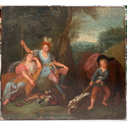 Ignoto "Scena galante" antico dipinto ad olio su tela applicata su compensato (cm 87x93,5) (difetti e restauri)