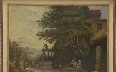Ignoto del XIX Secolo "Villa al lago" olio su tela (cm 75x100) in cornice (difetti)