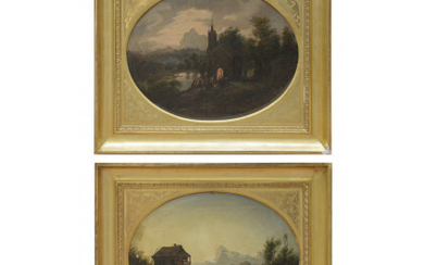 Ignoto del XIX secolo "Paesaggi" coppia di dipinti ovali ad olio su tela (cm 37x48) in cornici dorate (difetti)