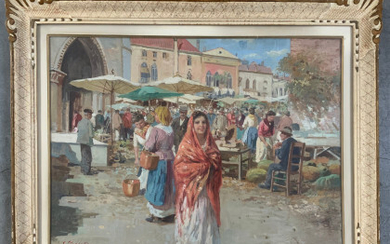 E. Rosati ( Attivo nella prima metà del XX Secolo ) , "Il mercato" olio su tela (cm 59x80) Firmato in basso a sinistra. In cornice