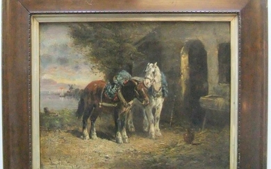 Indistinctly signed, 19C continental oil "2 work-horses near the...