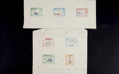 Iraq, two pieces of paper with seven handrawn and watercolour...