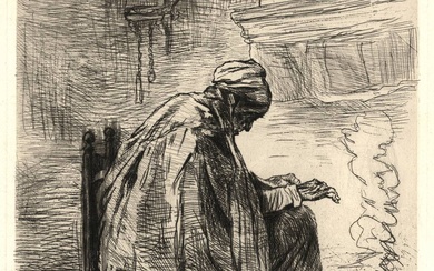 Israels, Josef (1824-1911). The hearth. Etching, 38,5x28,3 cm., signed "Jozef...