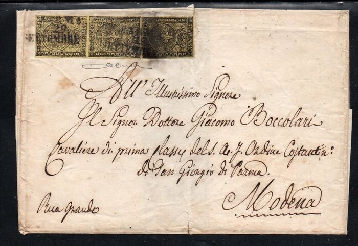 Italian Ancient States - Parma 1852 - 5 cents orange, vertical pair and single piece on letter from Parma to Modena - Sassone N. 1