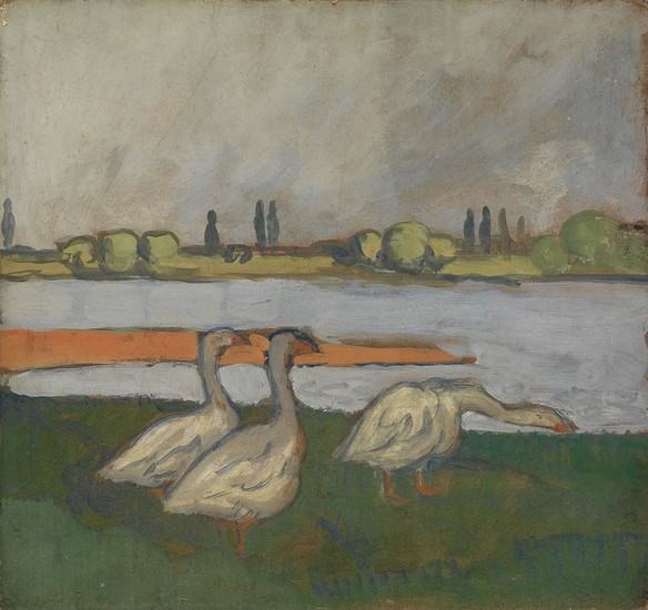 JEAN ÉMILE LABOUREUR (Nantes 1877-1943 Pénestin) A River Landscape with Geese. Oil on...