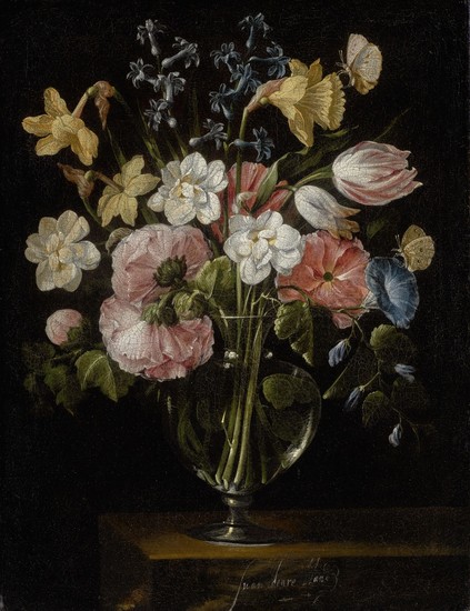 JUAN DE ARELLANO | A STILL LIFE OF NARCISSI, DAFFODILS, TULIPS, HOLLYHOCKS, HYACINTHS AND OTHER FLOWERS IN A GLASS VASE ON A STONE LEDGE, WITH BUTTERFLIES