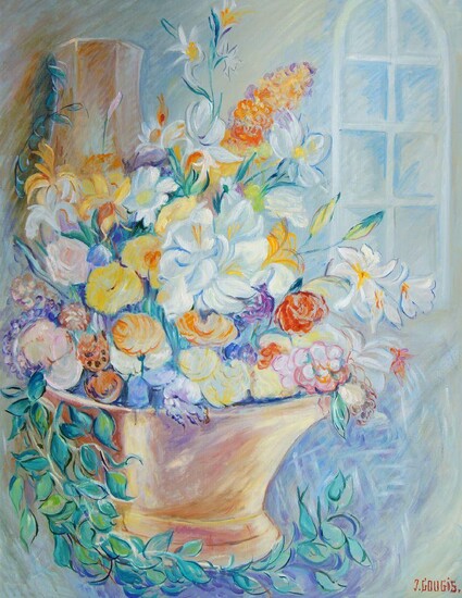 Jacqueline Gougis, French 1926-2021- Floral still life; oil on canvas, signed 'J. GOUGIS' (lower right), signed on the reverse, 100 x 81 cm (ARR)