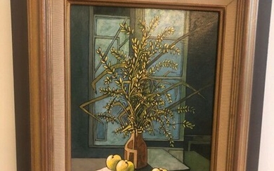 Jacques CORTELLARI (1942 - 2002) Broom with 3 apples Oil on canvas Signed lower right, titled on the back 32,5 x 22,5 cm