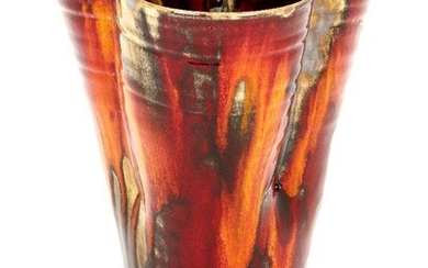 Janice Tchalenko, b. 1942, a thrown high fired reduction stoneware 'flared vessel' vase, 2003, with slip trailed and sponged coloured glazes, signed Janice Tchalenko 2003 to base, 29.5cm high ARR Provenance: with Adrian Sassoon, 14 Rutland Gate...