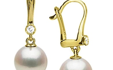 Japanese Akoya Pearl and Diamond Bezel Dangle Earrings