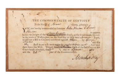 [KENTON, Simon (1755-1836)]. Arrest warrant issued in the Commonwealth of Kentucky for Simon and John Kenton, signed by Marshall Key, [Washington, KY], 13 September 1815.