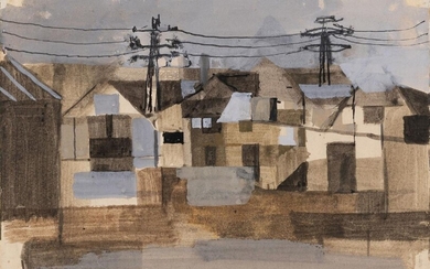 Keith Vaughan, British 1912-1977 - Row of buildings with telegraph poles; gouache and ink on paper, 12 x 17.7 cm (ARR) Provenance: Thomas Agnew & Sons Ltd., London. no.43664 (according to the label attached to the reverse of the frame); private...