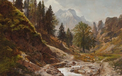 SOLD. Konrad Petrides: A mountainscape with a wanderer on a riverbed. Signed K. Petrides. Oil on cardboard. 72 x 102 cm. – Bruun Rasmussen Auctioneers of Fine Art