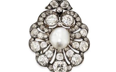 LATE 19TH CENTURY NATURAL PEARL AND DIAMOND BROOCH/PENDANT