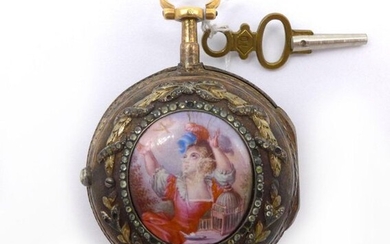 LE ROY MONTRE GOUSSET A COQ in 18K yellow gold, white enamelled dial, Arabic numerals, dial surrounded by a line of rose-cut diamonds. Obverse side holding an enamel miniature showing a young woman in a natural setting surrounded by brilliant-cut...