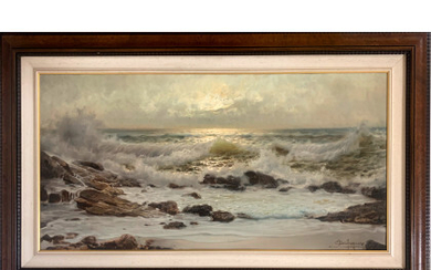 Ottorino Campagnari ( Mestre 1910 - Torino 1982 ) , "La spiaggia" olio su tela (cm 80x100) Firmato in basso a destra. In cornice