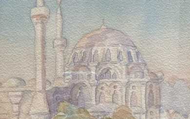 Laleli Camii Mosque, Istanbul, Signed Watercolor