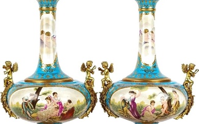 Large 30" Pair of Sevres Style Porcelain Covered Vases