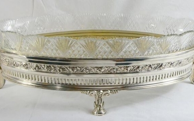 Large Continental Silver and fine cut Glass Jardiniere /Centrepiece bowl with two handles and a finely cut glass body. Circa 1900. Length 51cm ~ Width 20.5cm ~ Height 12.5cm.