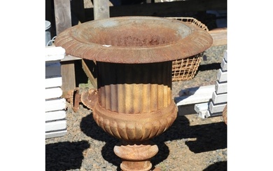 Large antique French cast iron fluted garden urn, with egg a...