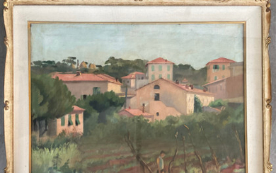 Leonetta Cecchi Pieraccini "Paesaggio con case" olio su tela cm 51x66, siglato in basso a destra (lievi difetti) In cornice