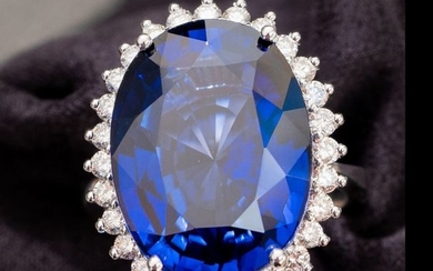 Lilo Diamonds - AIG Certificate - 18 kt. White gold - Ring - 21.00 ct Sapphire - Diamonds