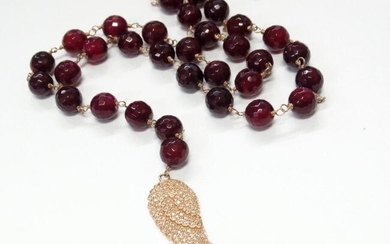 Long 14k Rose Gold Ruby Bead Y-Necklace 1ctw Diamonds