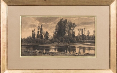 Lot 29 Auguste ALLONGE (1833-1898). Coup de vent sur les peupliers en bord d'étang. Fusain sur papier crème. Signé en...