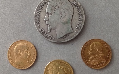 Lot comprenant : une pièce 20 Lire or 1866 ; deux pièces 20 Francs or...