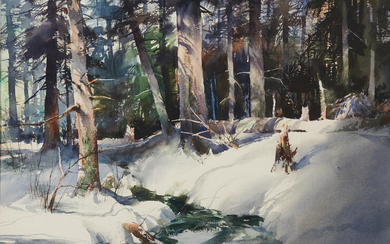 Lou (Louis J.) Bonamarte (American, New London, CT 1933-2020 Old Lyme, CT) Woodland Stream in Snow sight size 21 x 28 in.