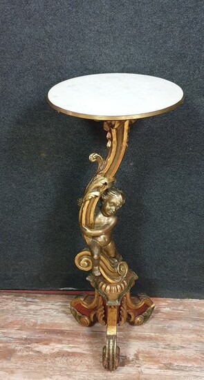 Louis XV pedestal in gilded wood depicting a cherub in posture in stylized branches - Wood - Late 19th century