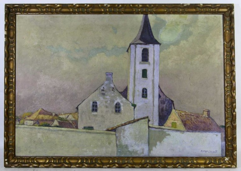 M POPLIMONT SIGNED ACHITECTURAL WORK ON CANVAS