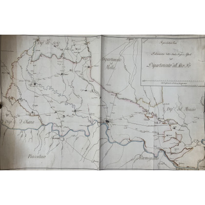 [MAPPA STRADALE DELL'ALTO PO ] "Delineazione delle strade regie e statali del Dipartimento dell'Alto Po". c.a 1810-1820. Mappa manoscritta ed...