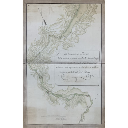 [MAPPA STRADALE] Planimetria generale della vecchia e nuova strada di Rocca d'Anso. Mappa manoscritta ed acquarellata (1040 x 670 mm)....