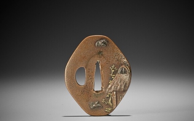 MASAYOSHI: A FINE COPPER TSUBA WITH SPARROWS AND THATCHED HUT