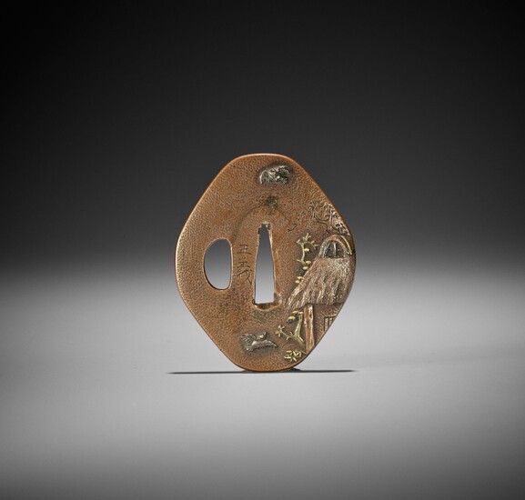 MASAYOSHI: A FINE COPPER TSUBA WITH SPARROWS AND THATCHED HUT