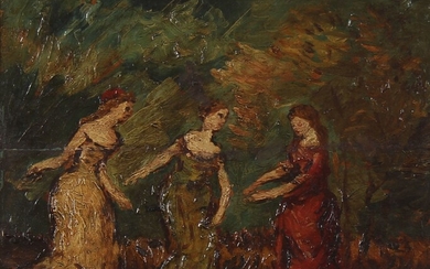 MONTICELLI (1824-1886) suite de Trois femmes dans un paysage Huile sur panneau. 22 x 27 cm