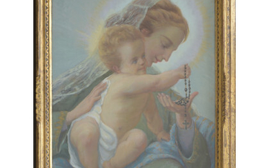 Giuseppe Calvi ( Oreglia 1895 - 1983 ) , "Madonna con bambino" olio su compensato (cm 74x53) firmato in basso a destra, in cornice (difetti)