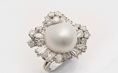 Magnifique bague en diamant perle des mers du Sud en or blanc, 18 ct ;...
