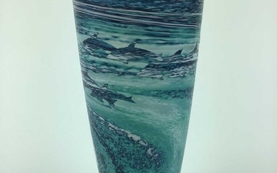Malcolm Sutcliffe blue art glass vase, decorated with dolphins